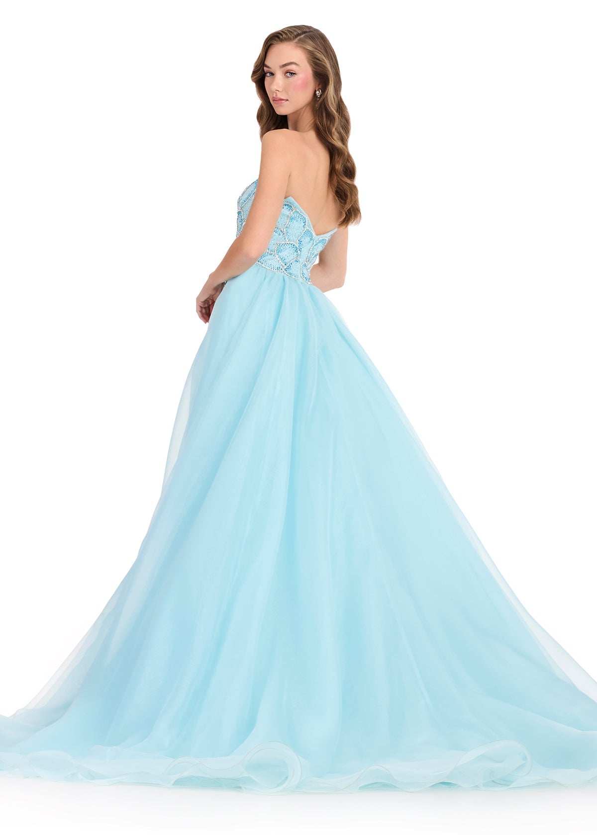 ASHLEYlauren 12391 Beaded Petal Print Gown Sky | Lady Black Tie
