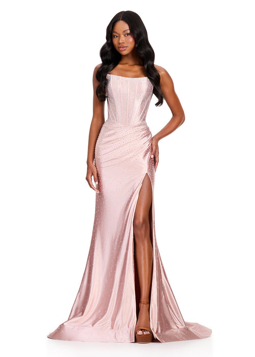 ASHLEYlauren 12416 Strapless Crystal Evening Gown in Champagne.