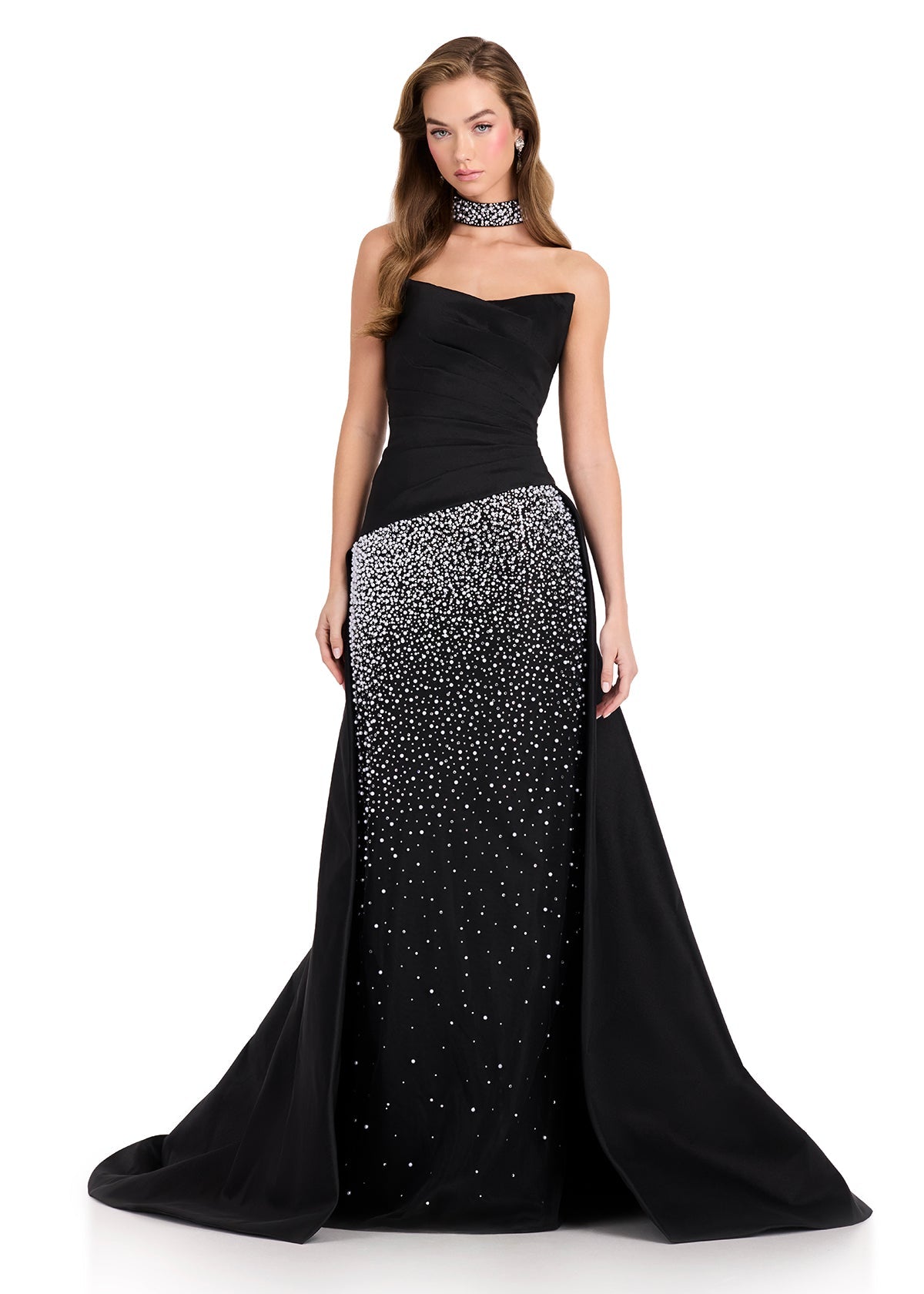 Black ASHLEYlauren 12436 Strapless Pearl Embellished Gown with Choker  Lady Black Tie