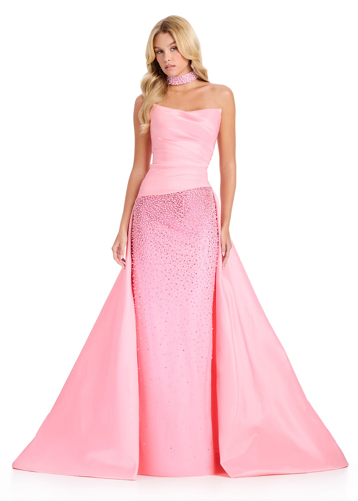 Ice Pink ASHLEYlauren 12436 Strapless Pearl Embellished Gown with Choker  Lady Black Tie
