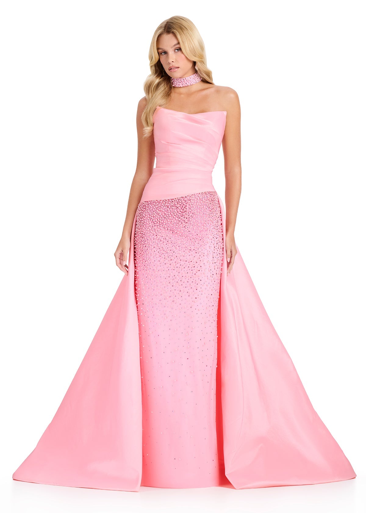 Ice Pink ASHLEYlauren 12436 Strapless Pearl Embellished Gown with Choker  Lady Black Tie