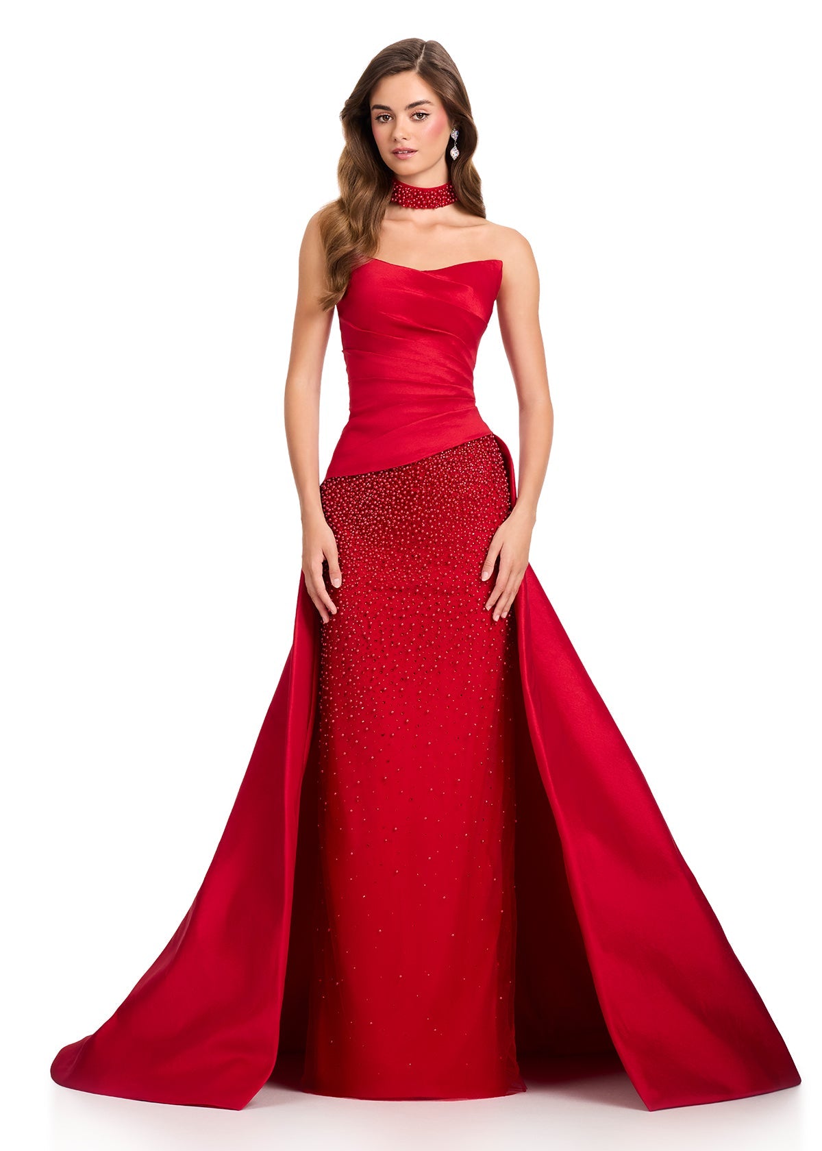 Red ASHLEYlauren 12436 Strapless Pearl Embellished Gown with Choker  Lady Black Tie