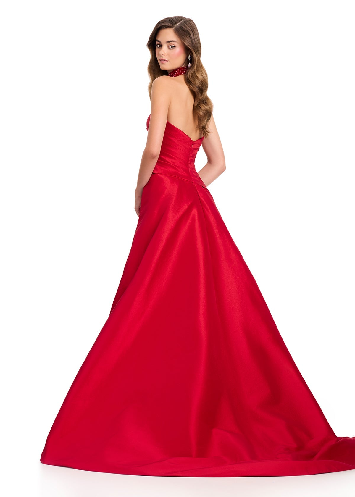 Red ASHLEYlauren 12436 Strapless Pearl Embellished Gown with Choker  Lady Black Tie