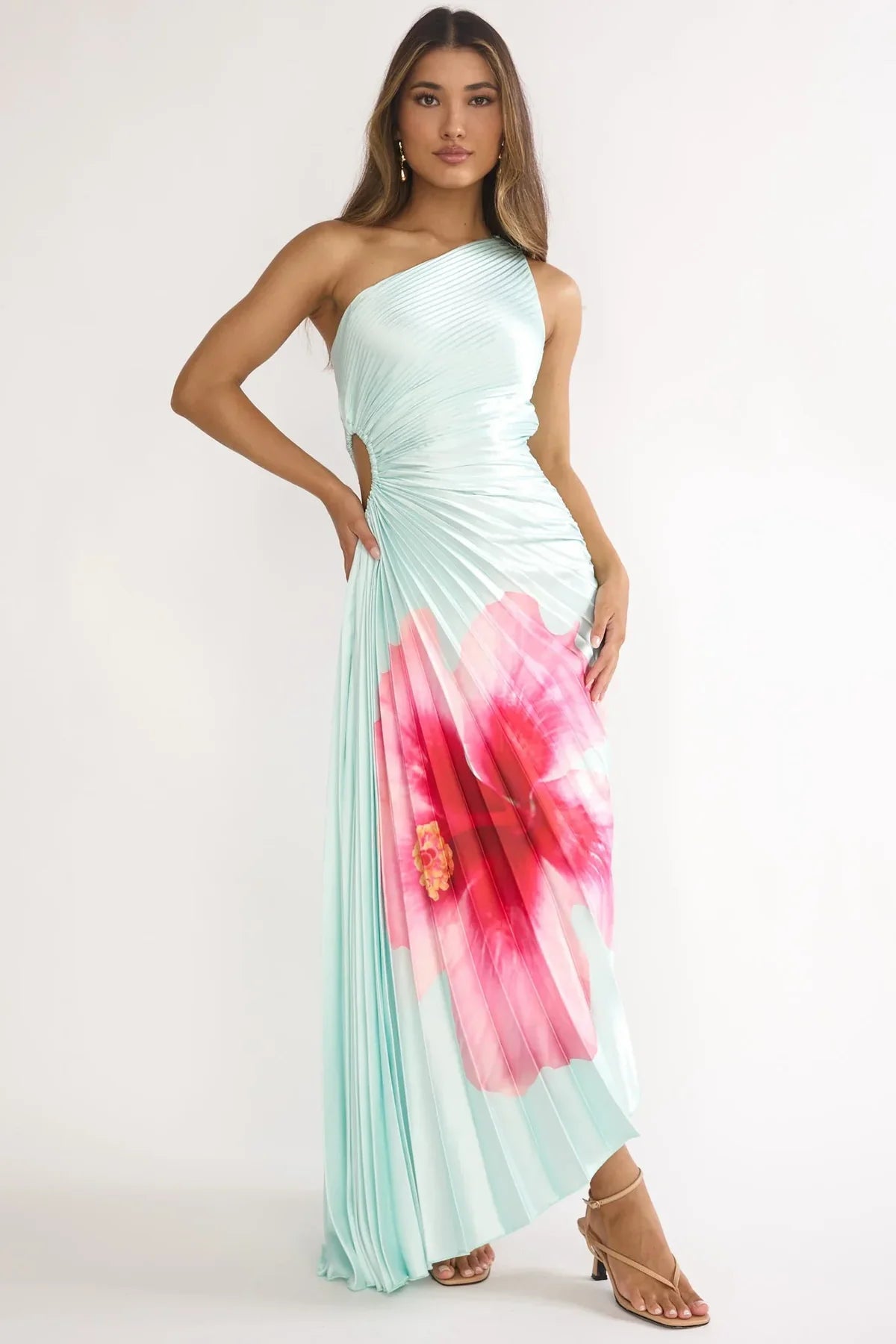 Beth Maxi Dress - Mint Floral Pleated Maxi Dress with Cut-Out