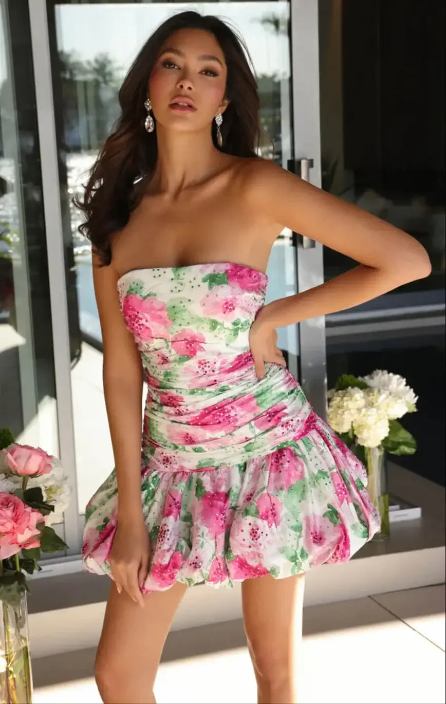 26345 - Ava Presley - Strapless Floral Print Bubble Hem Mini Dress