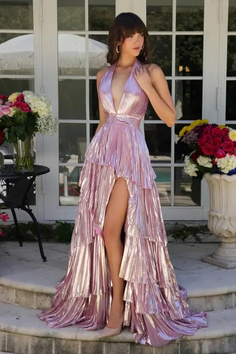 29220 - Ava Presley - Metallic Ruffle Halter Dress