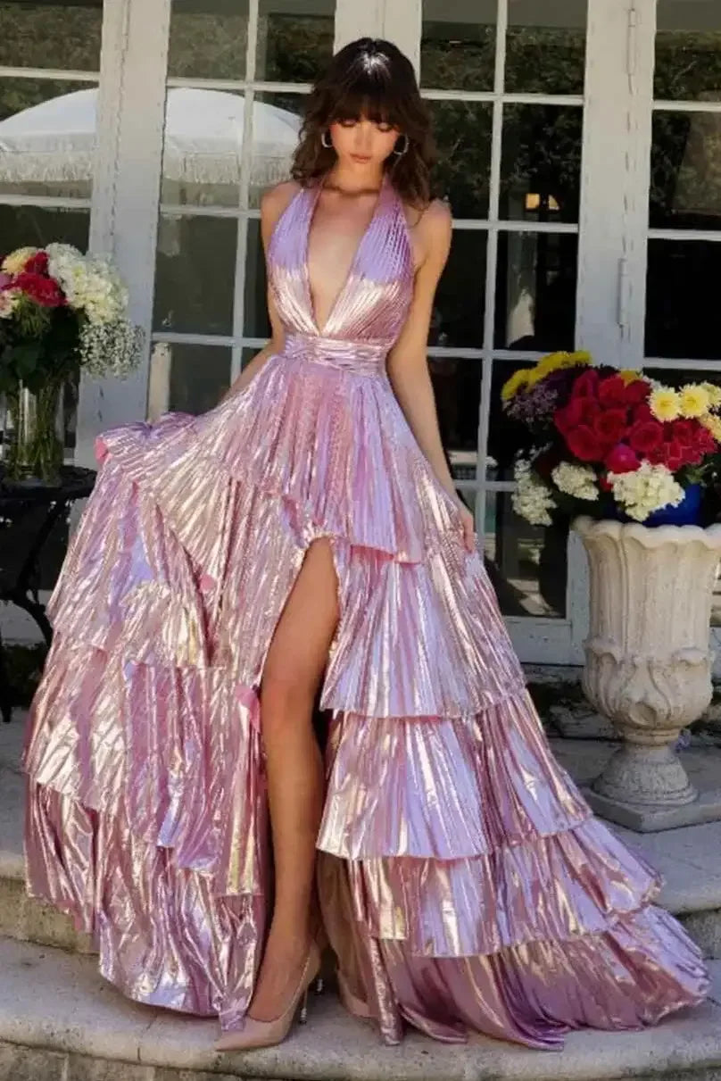 29220 - Ava Presley - Metallic Ruffle Halter Dress