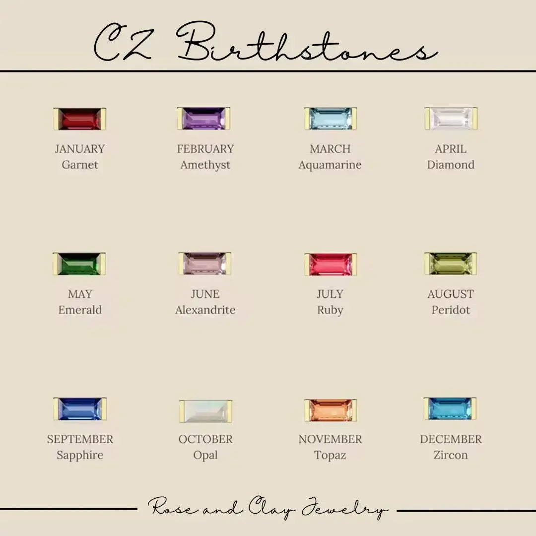 A chart displays twelve rectangular gemstones, each labeled with a month and corresponding stone name, set against a light background, showcasing "CZ Birthstones" from "Rose and Clay Jewelry."
