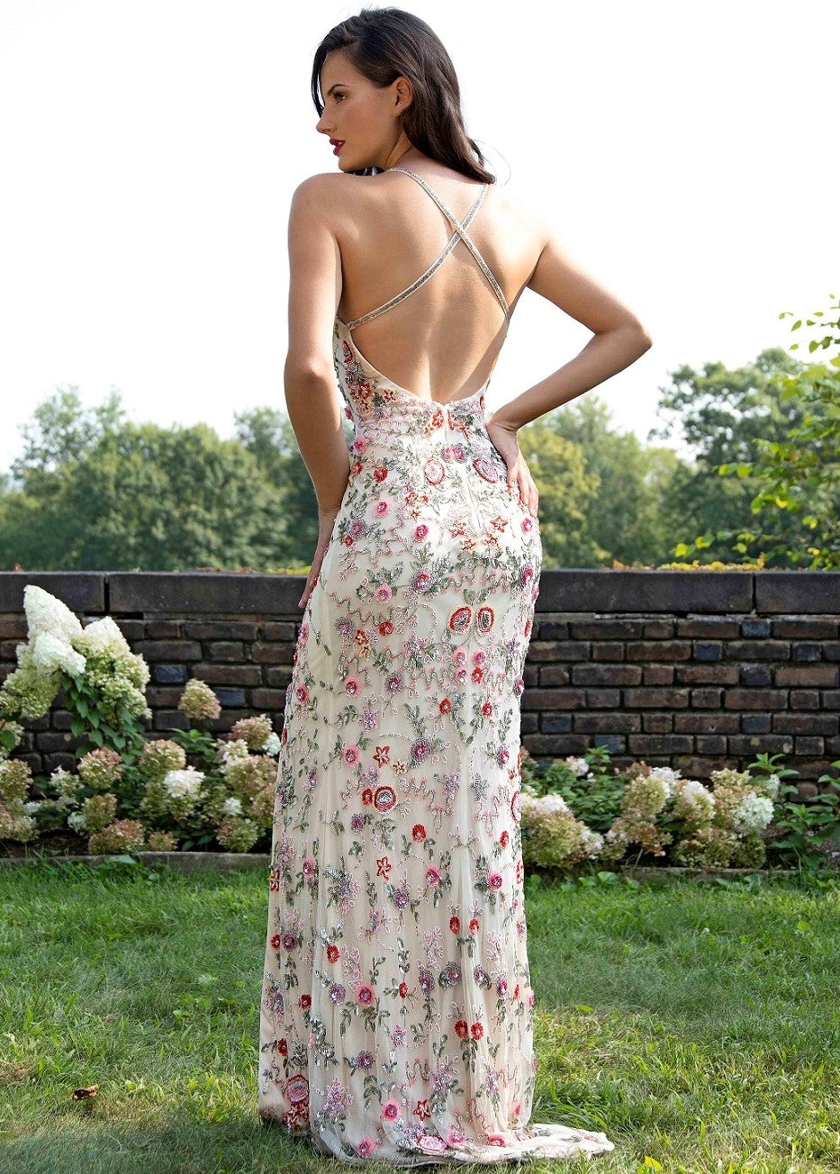 3073 - Primavera - Floral Beaded Open Back Gown