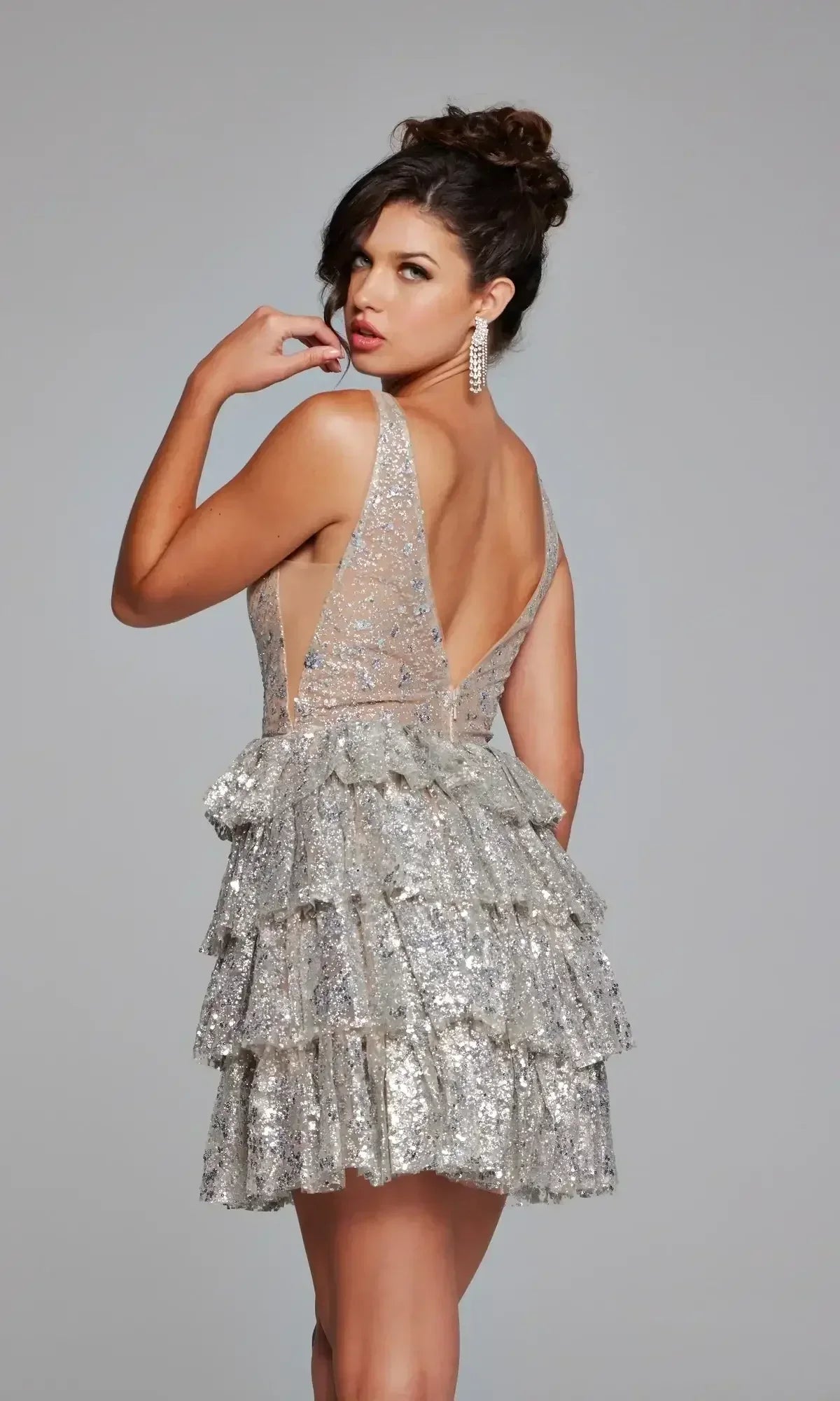 Size 6, 39700 - Jovani - Silver Embellished Fit and Flare Dress - FINAL SALE