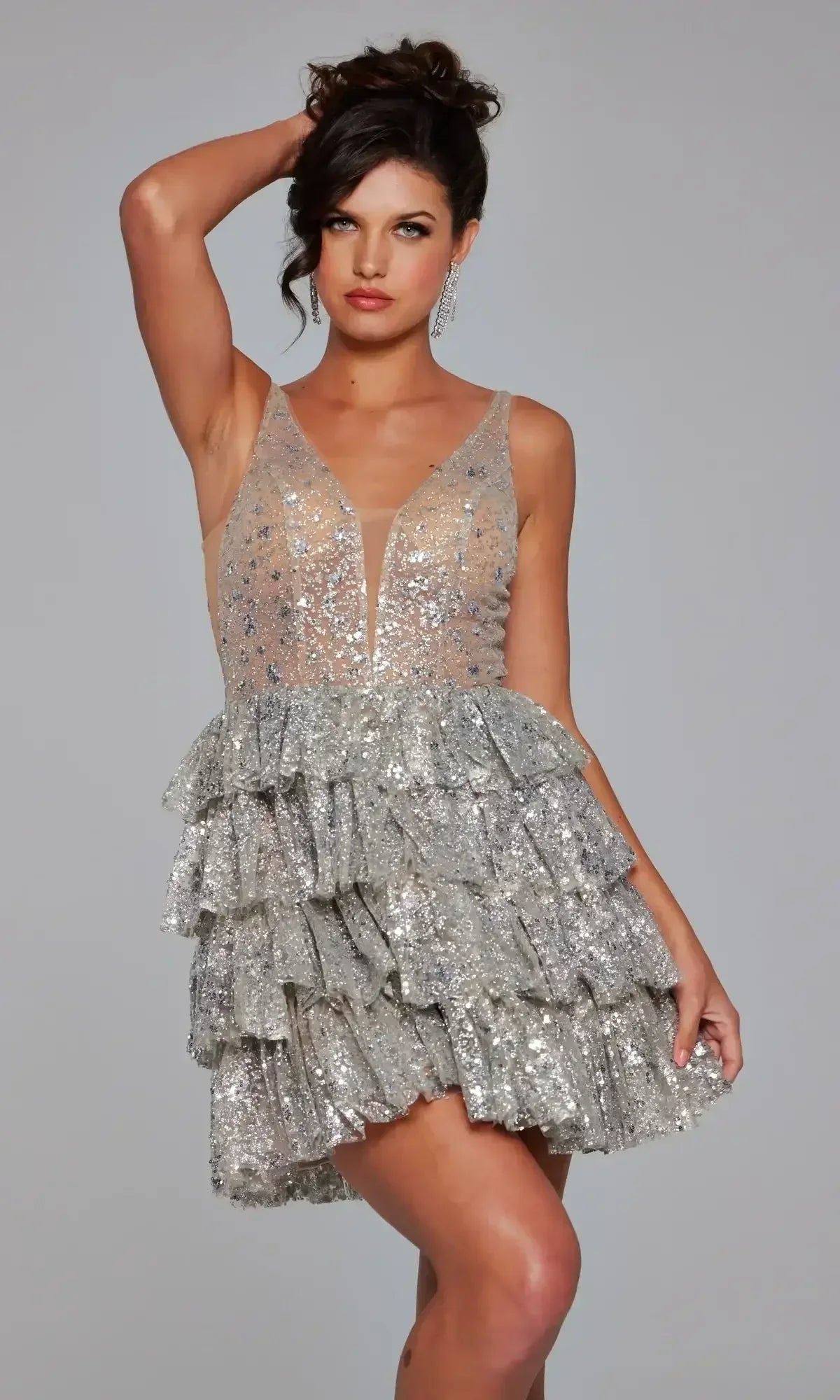 Size 6, 39700 - Jovani - Silver Embellished Fit and Flare Dress - FINAL SALE