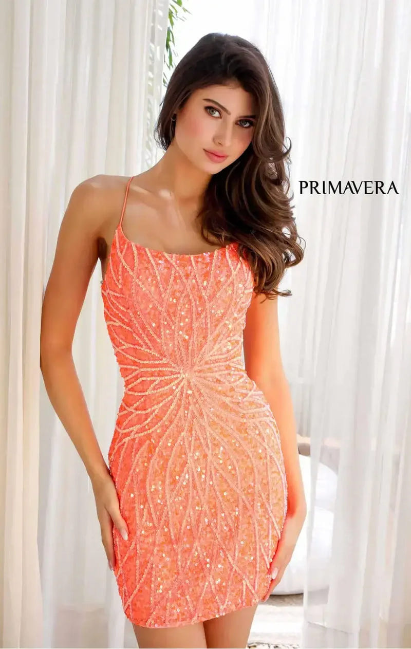 4001 - Primavera - Scoop Neck Beaded Short Dress with Lace-Up Open Back