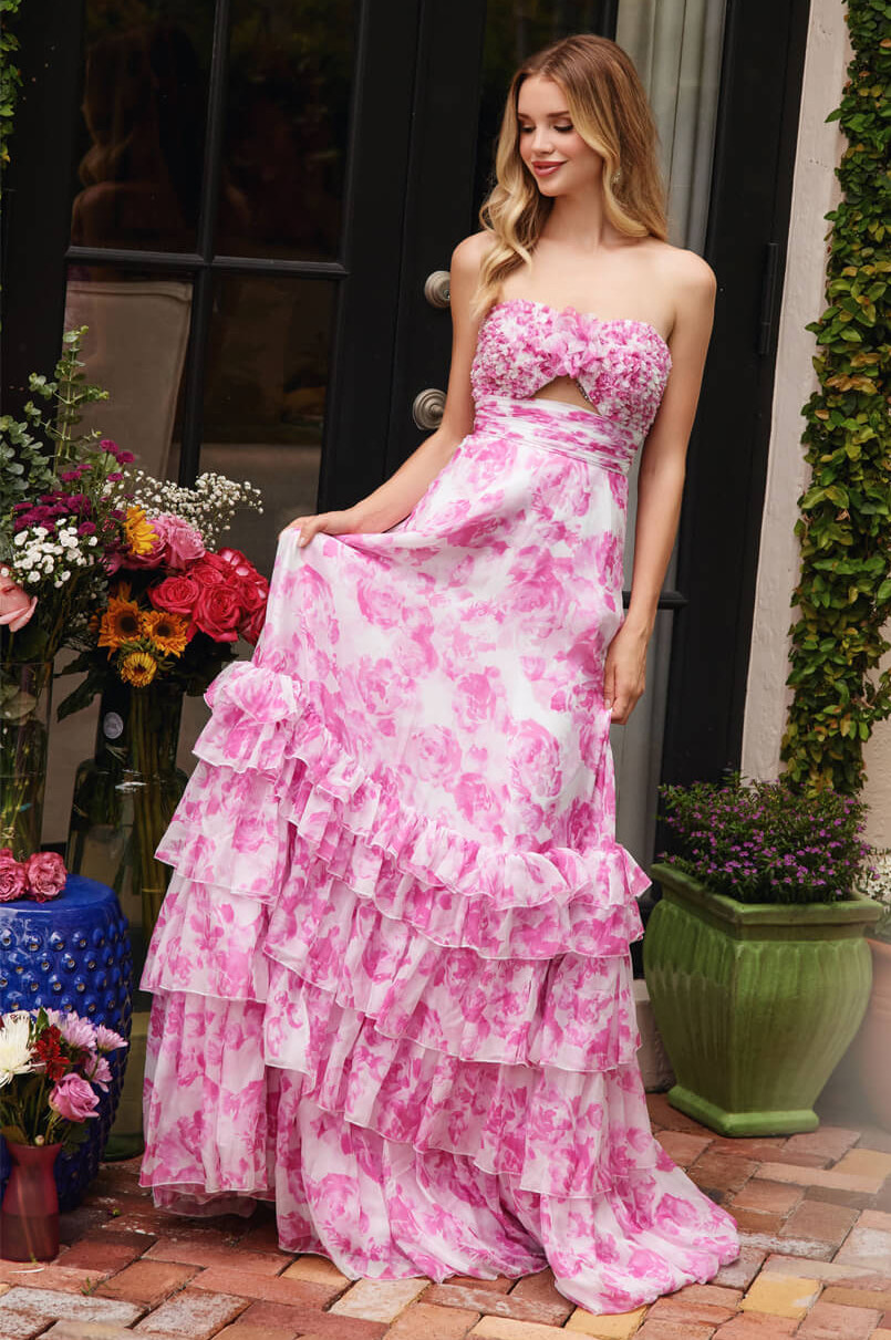 40026 - Ava Presley - Chiffon Floral Print Dress with Cut-out
