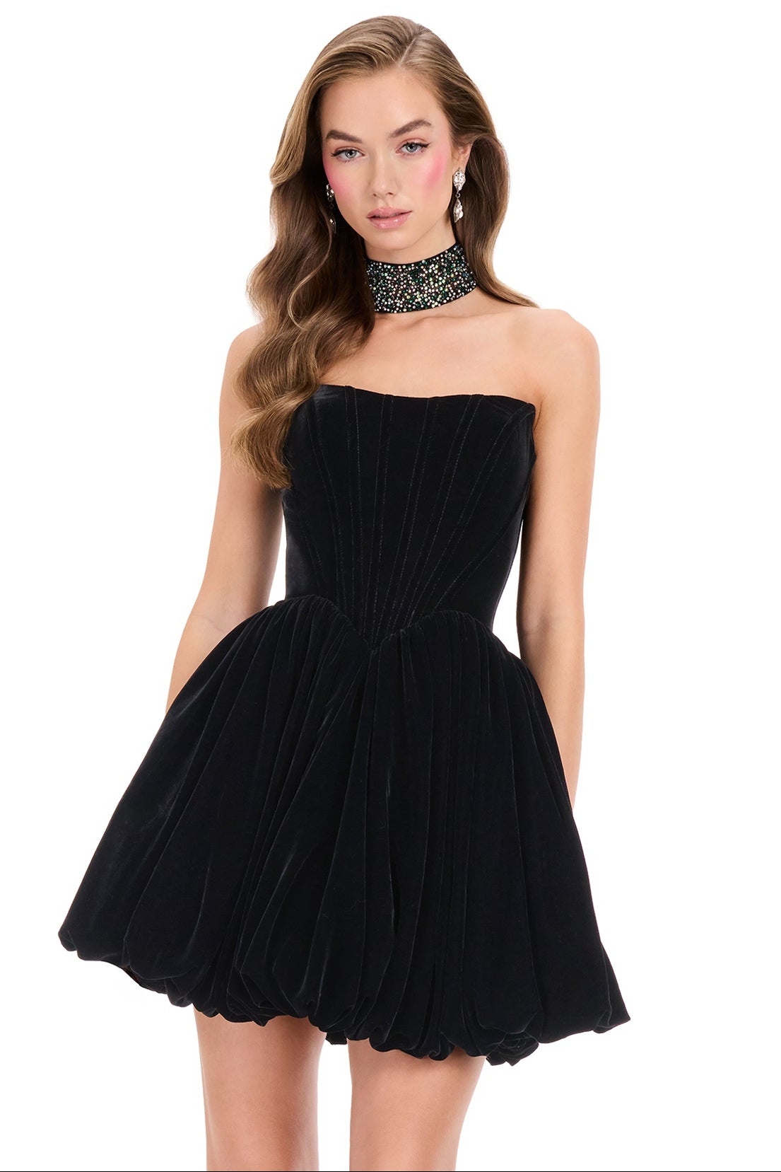 ASHLEYlauren 40033 Black Strapless Velvet Mini Dress with Choker | Lady Black Tie
