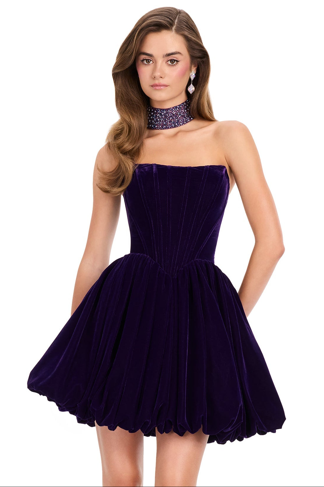 ASHLEYlauren 40033 Purple Strapless Velvet Mini Dress with Choker | Lady Black Tie