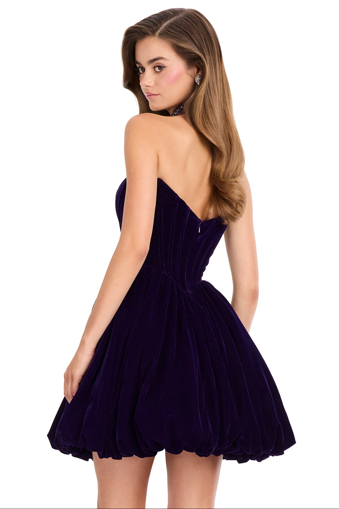ASHLEYlauren 40033 Purple Strapless Velvet Mini Dress with Choker | Lady Black Tie