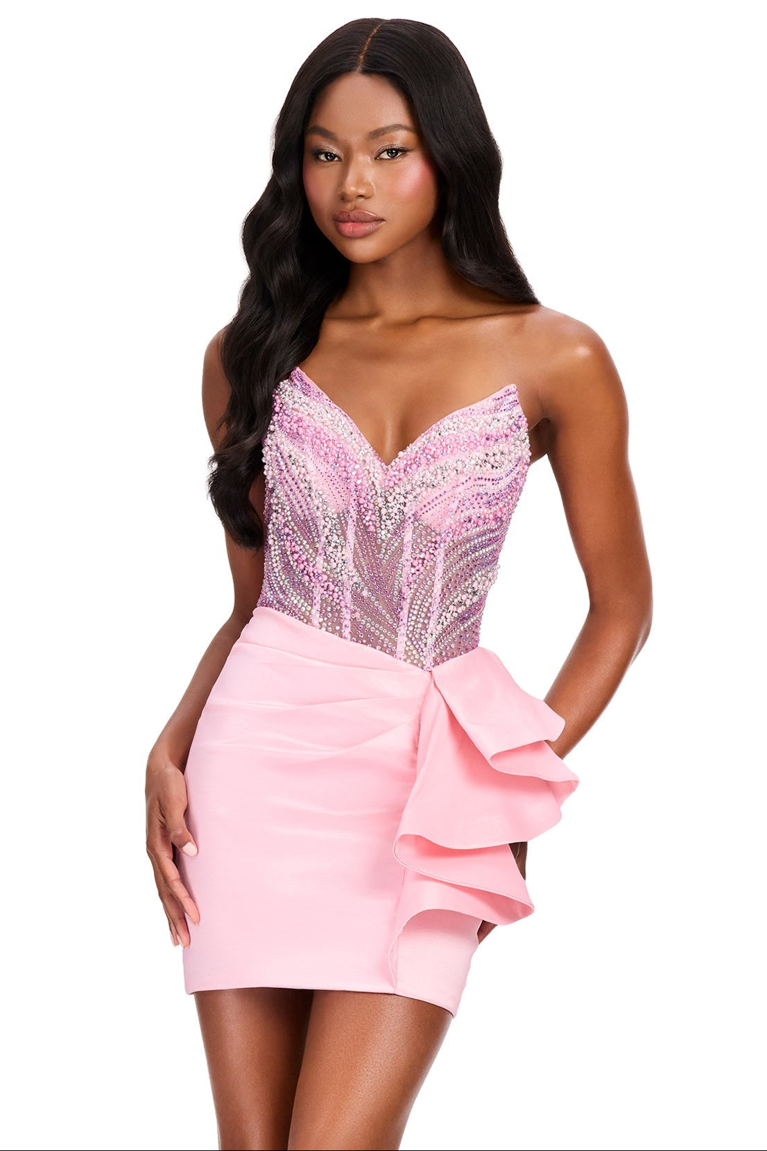 ASHLEYlauren 40054 Strapless Embellished Mini Dress in Ice Pink | Lady Black Tie