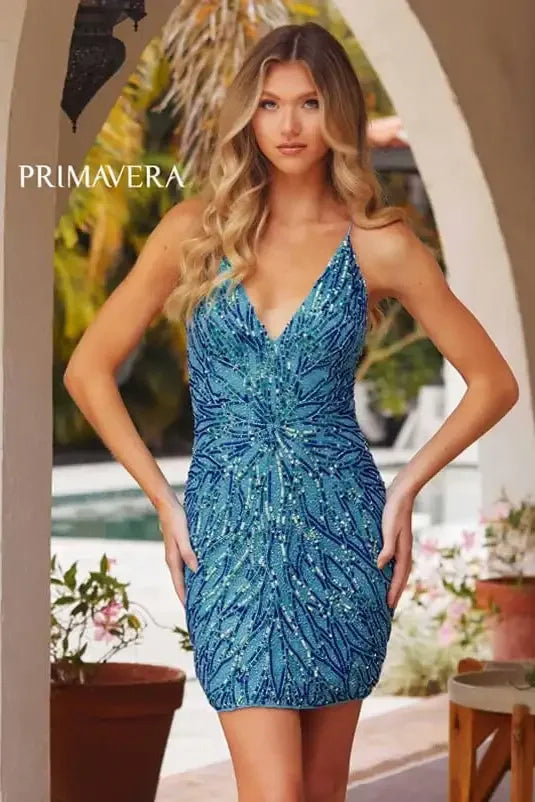 4011 - Primavera - Beaded Short Dress with Plunging V-Neck & Open Lace Back