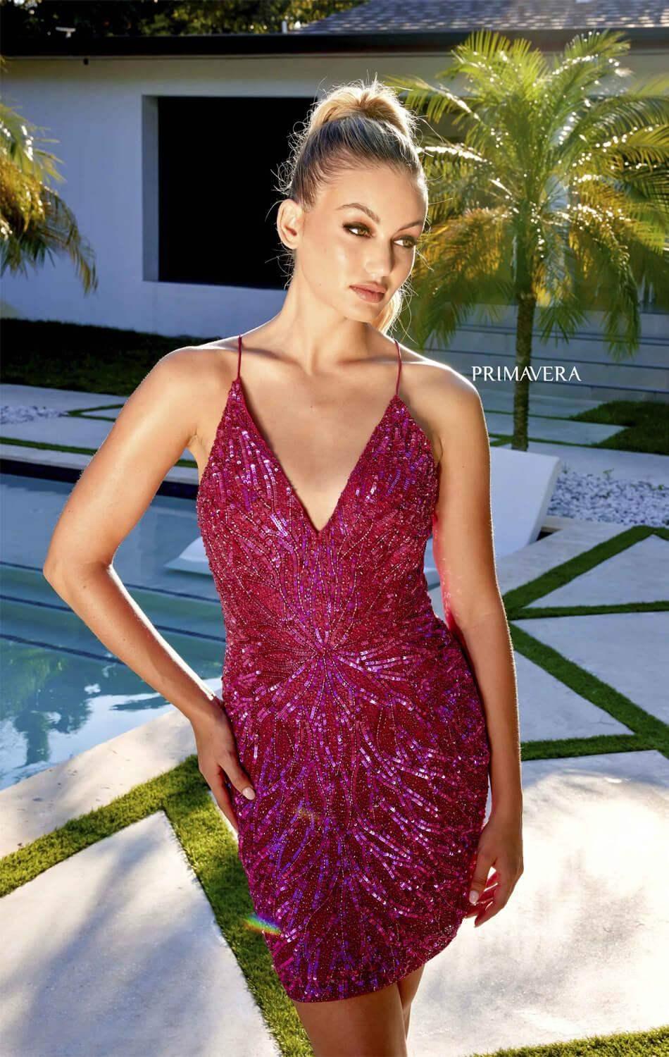 4011 - Primavera - Beaded Short Dress with Plunging V-Neck & Open Lace Back