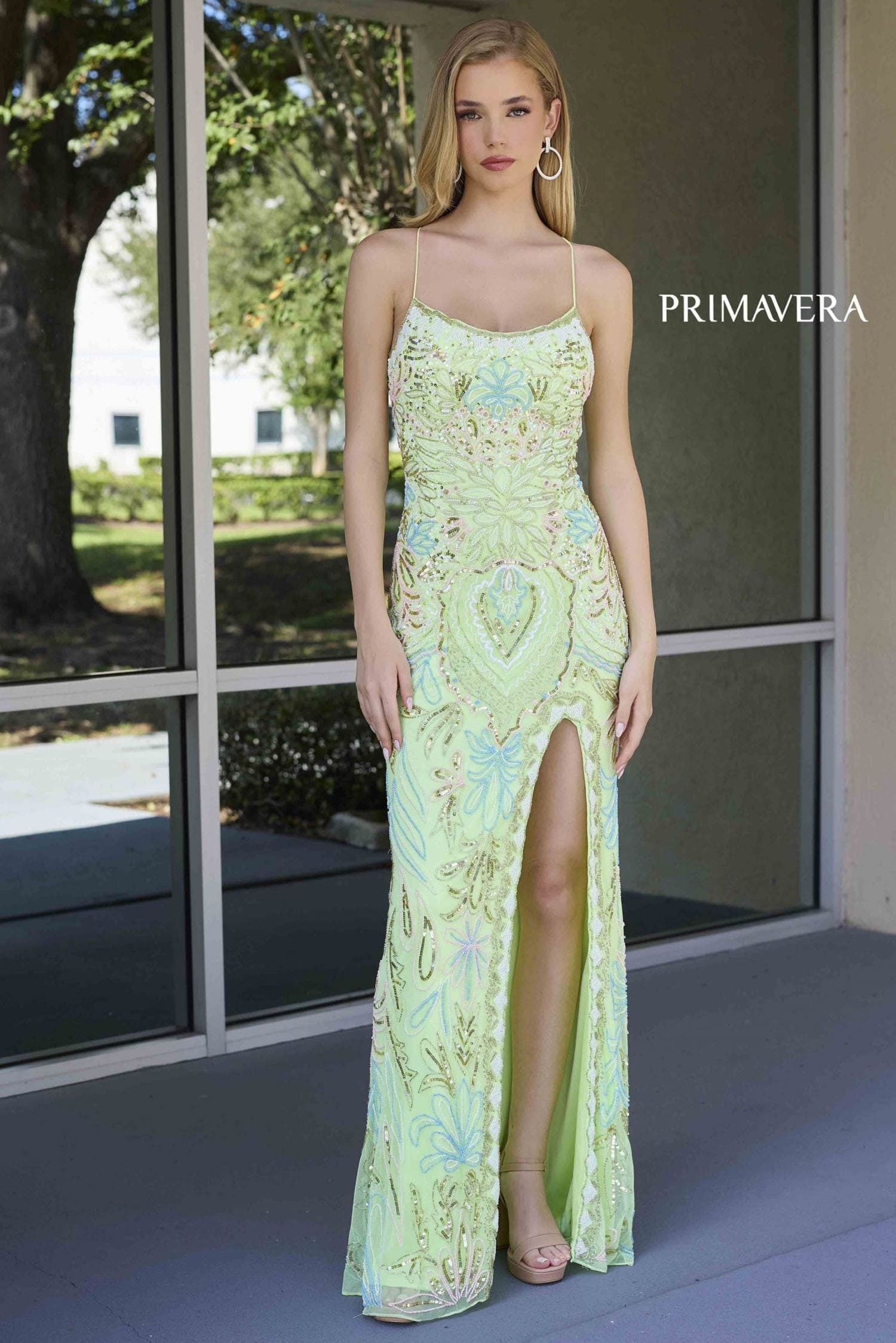 Woman wearing a light green evening gown with floral patterns in front of a glass door.