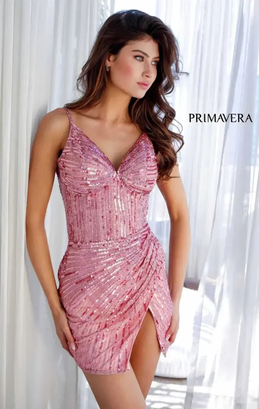 4202 - Primavera - Sequin Wrap-Front Short Dress with Open Back