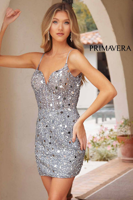 4205 - Primavera - Mirror Beaded Short Dress with Sheer Corset Top