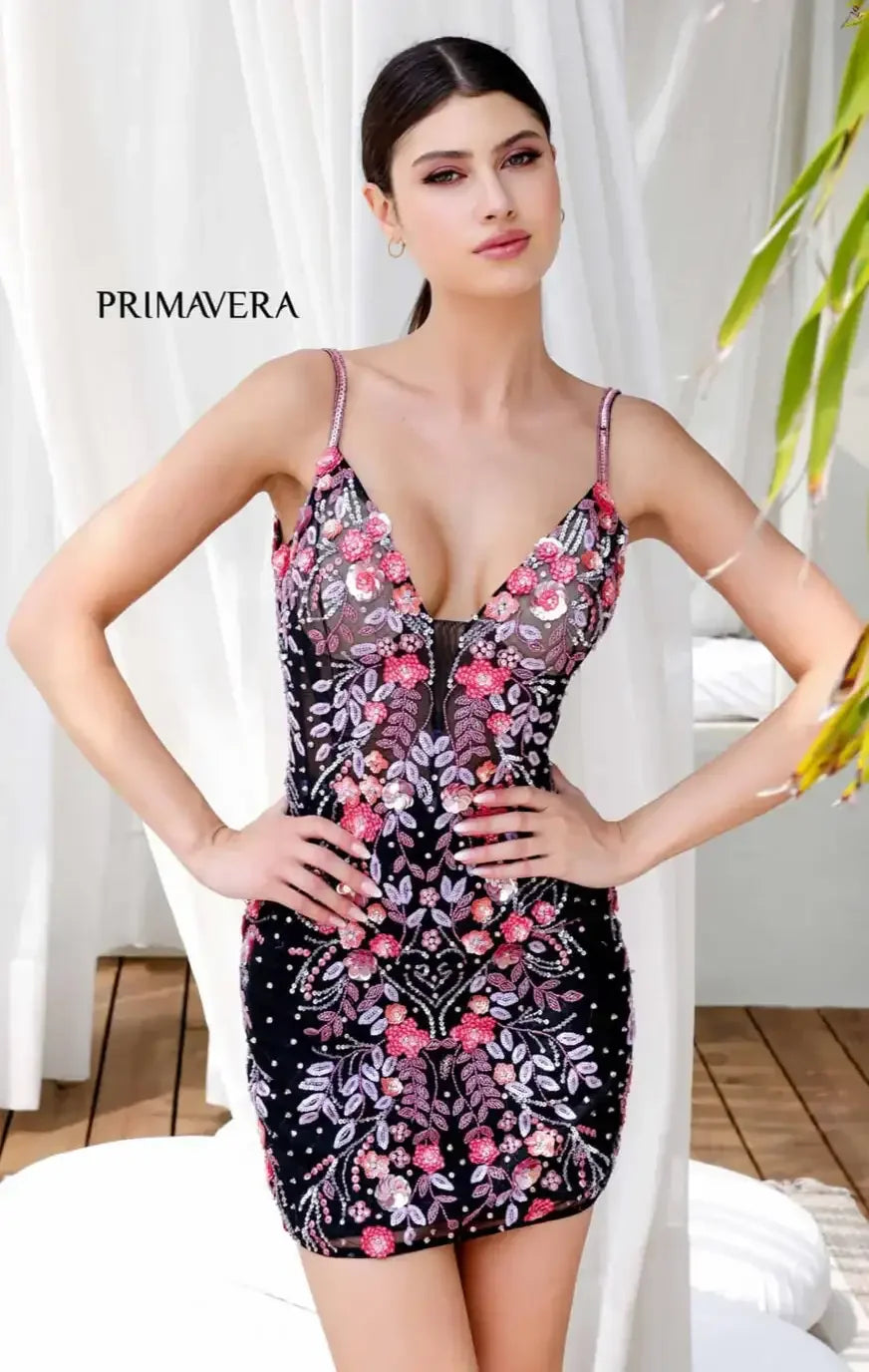 4212 - Primavera - Flower Embellished Beaded Mini Dress
