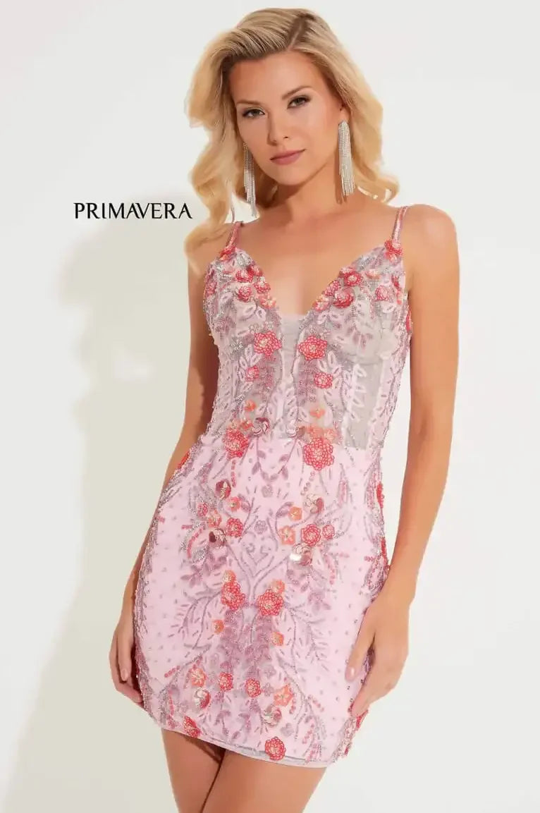 4212 - Primavera - Flower Embellished Beaded Mini Dress