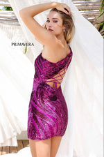 4214 Primavera - One Shoulder Sequin & Beaded Mini Dress in Grape | Lady Black Tie