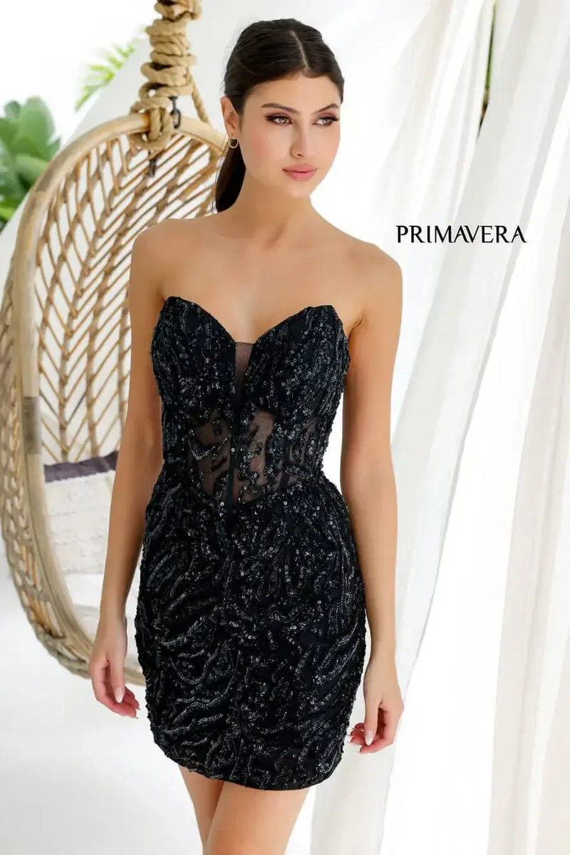 4222 - Primavera - Strapless Sequin Cocktail Dress with Illusion Bodice