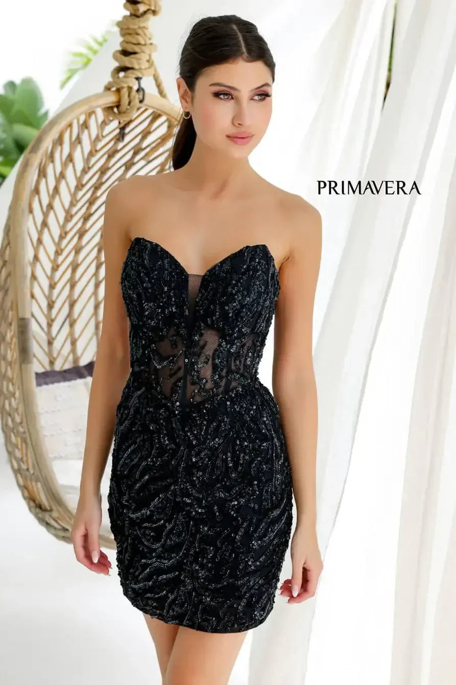 4222 - Primavera - Strapless Sequin Cocktail Dress with Illusion Bodice