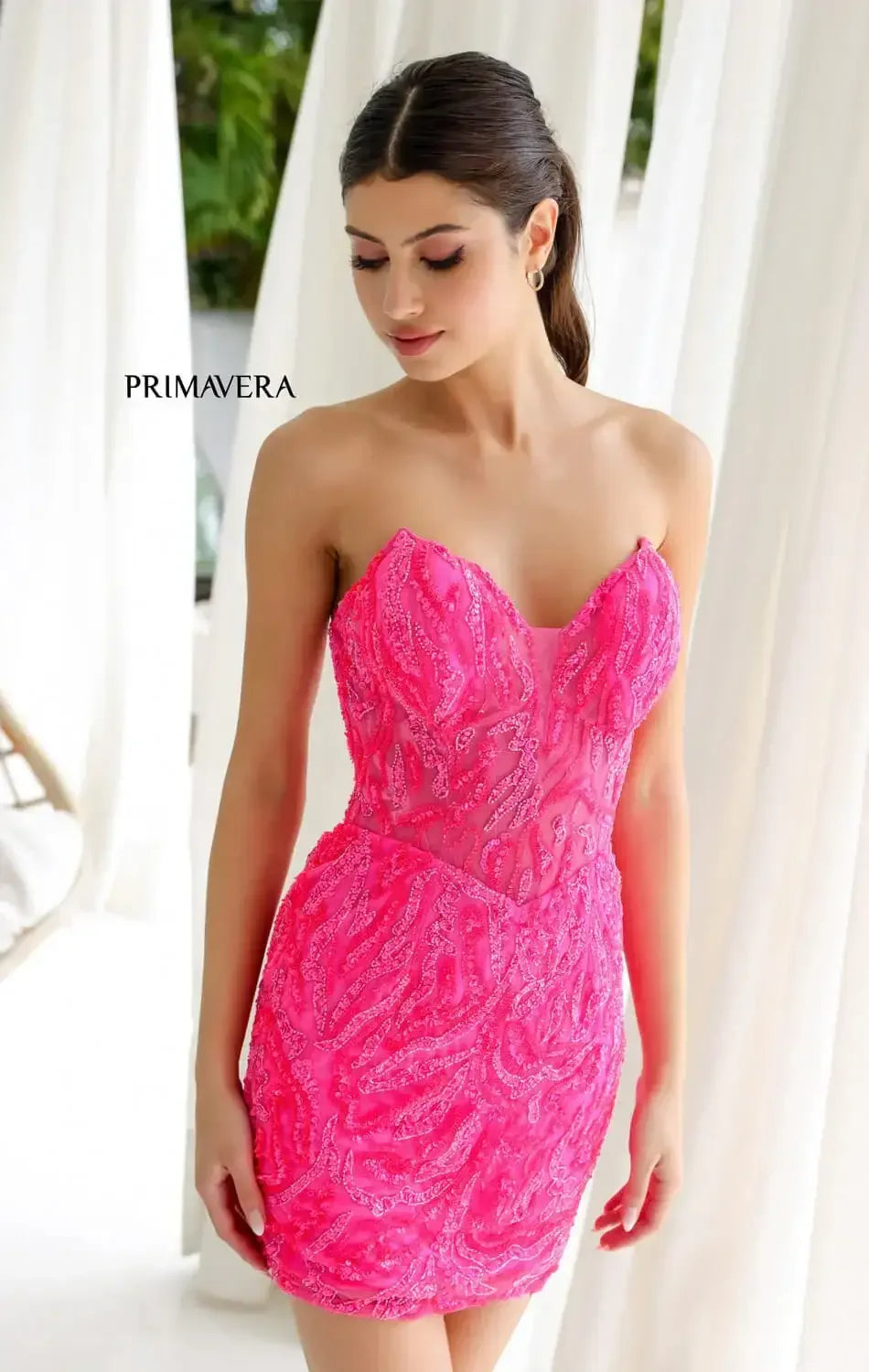 4222 - Primavera - Strapless Sequin Cocktail Dress with Illusion Bodice