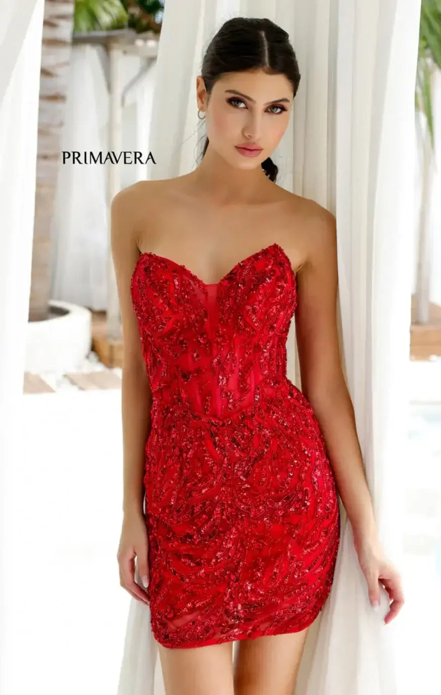 4222 - Primavera - Strapless Sequin Cocktail Dress with Illusion Bodice