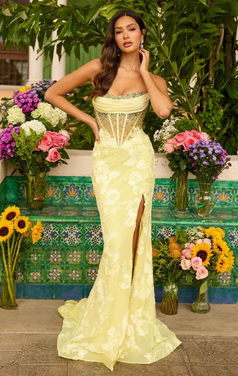 42297 - Ava Presley - Yellow Floral Lace Mermaid Gown