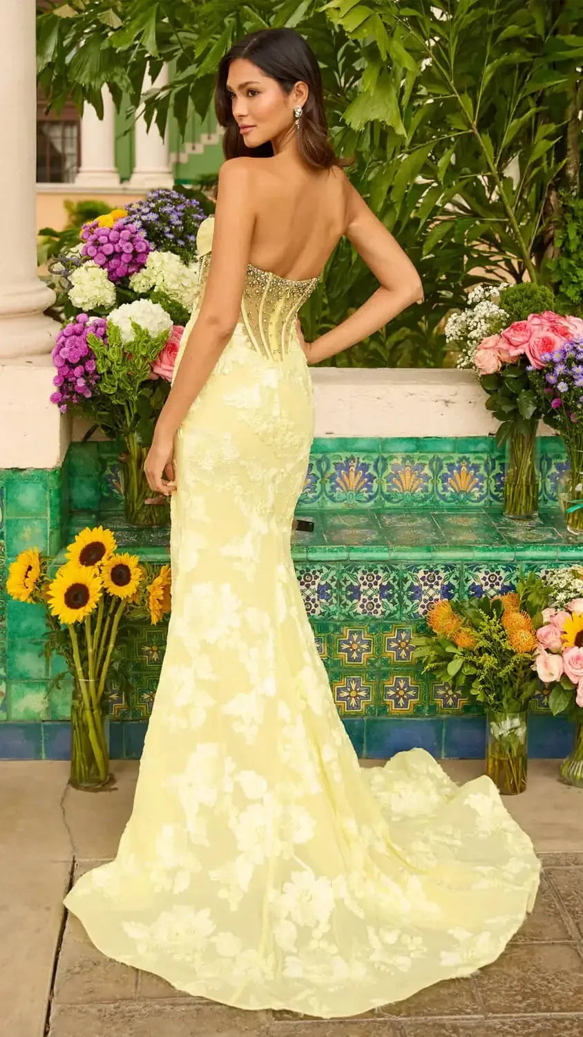 42297 - Ava Presley - Yellow Floral Lace Mermaid Gown