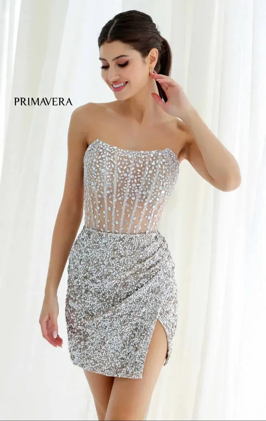 4231 - Primavera - Strapless Crystal Embellished Mini Dress