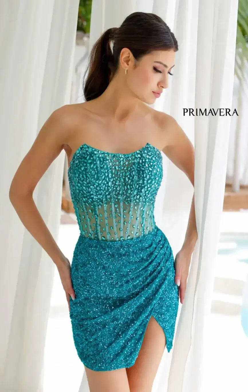 4231 - Primavera - Strapless Crystal Embellished Mini Dress