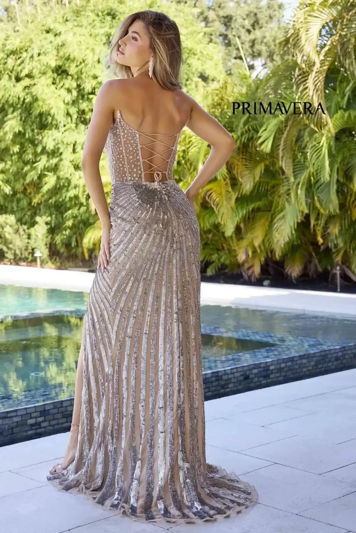 4304 – Primavera - Strapless Beaded Gown with Slit & Lace-Up Back