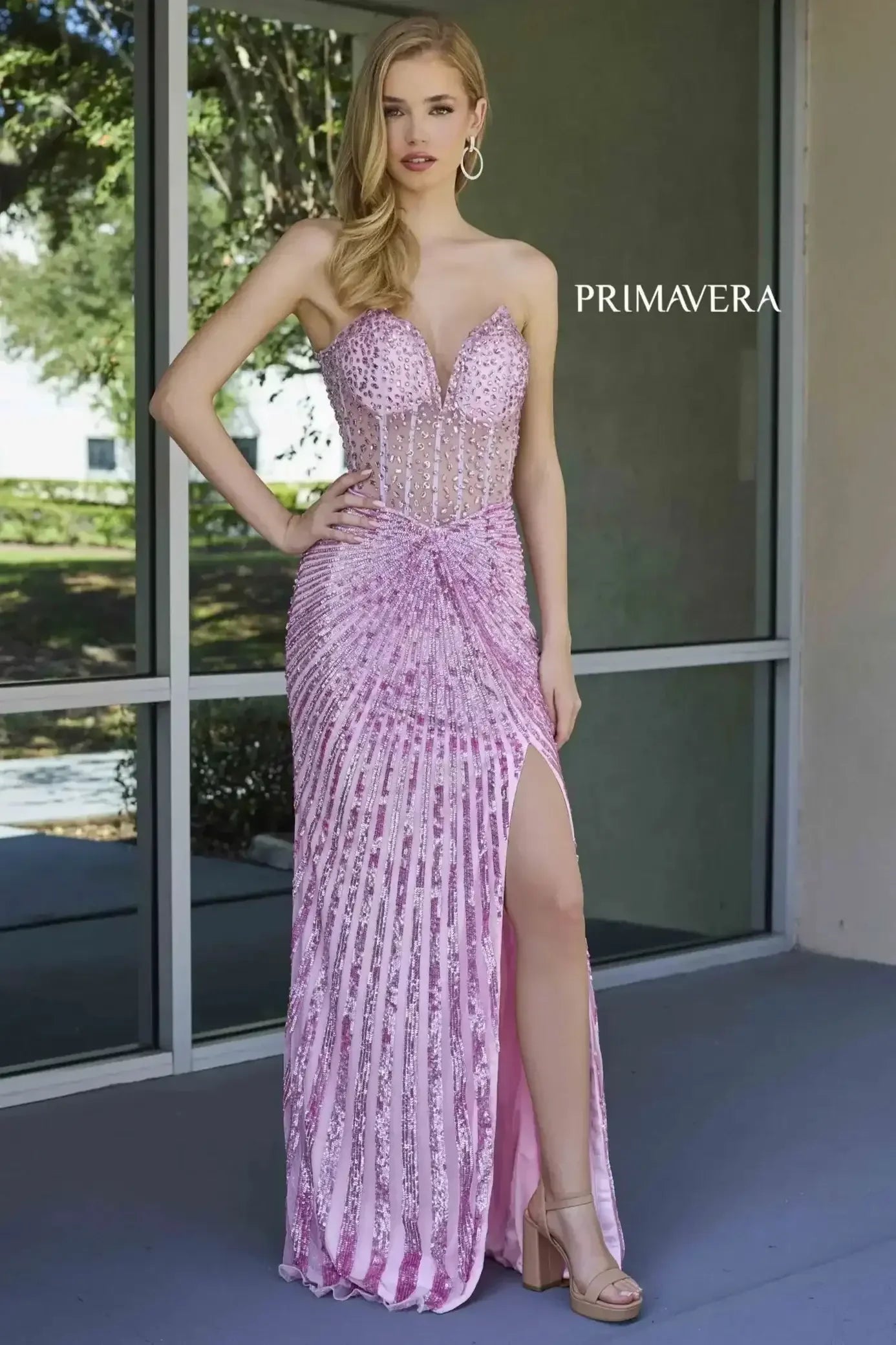 4304 – Primavera - Strapless Beaded Gown with Slit & Lace-Up Back