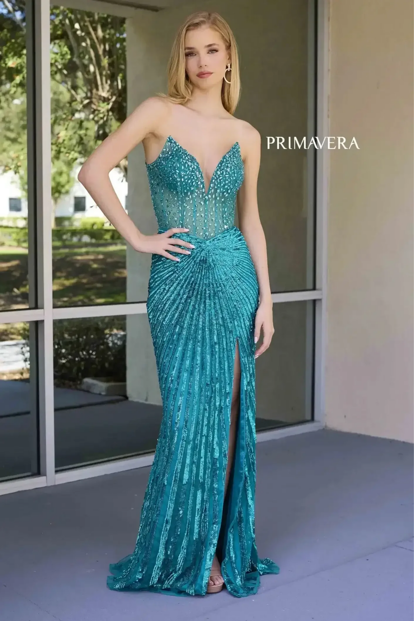 4304 – Primavera - Strapless Beaded Gown with Slit & Lace-Up Back