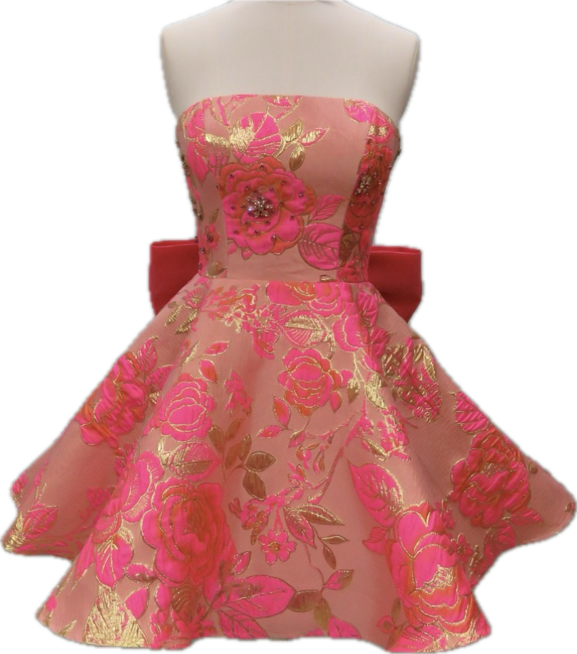 43049 - Ava Presley - Coral Pink Floral Jacquard Bow Mini Dress | Lady Black Tie