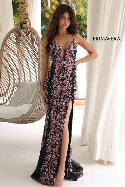 4313 - Primavera - Floral Beaded Deep V-Neck Gown