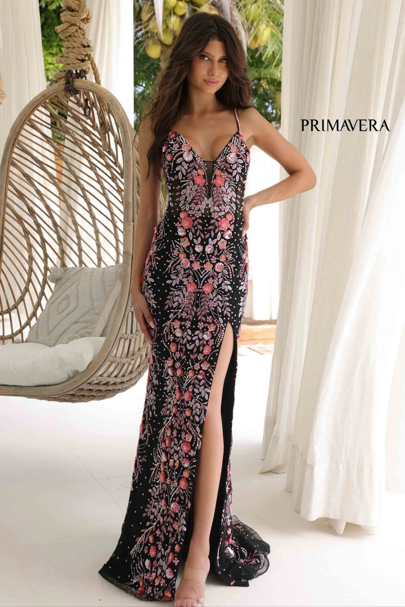 4313 - Primavera - Floral Beaded Deep V-Neck Gown