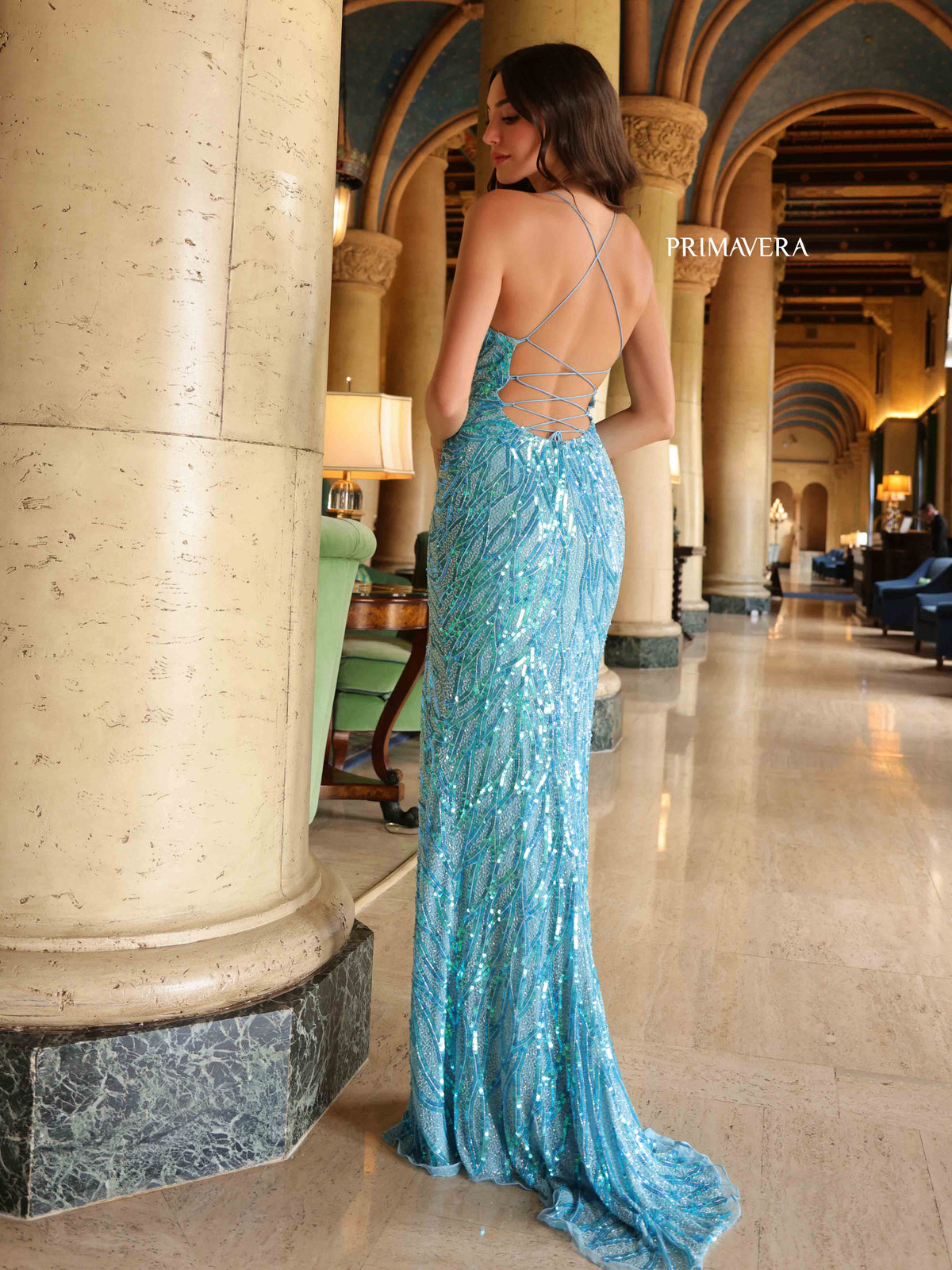 4551 Primavera - Crystal Blue Beaded Prom Gown with High Slit | Lady Black Tie
