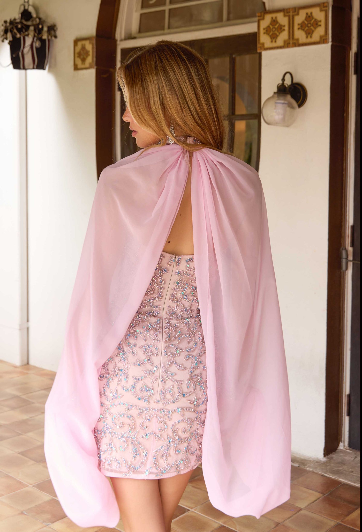 4649 - Primavera - Iridescent Crystal Cocktail Dress with Sleeves