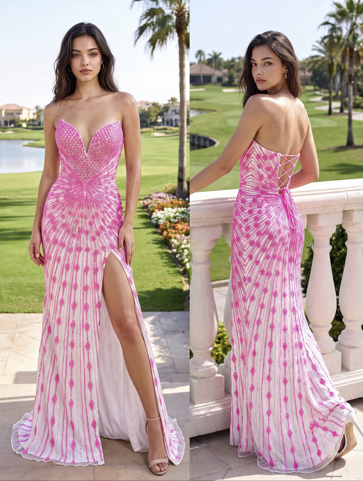 Primavera Couture 4701 in Ivory/Neon Pink, front and back view | Lady Black Tie