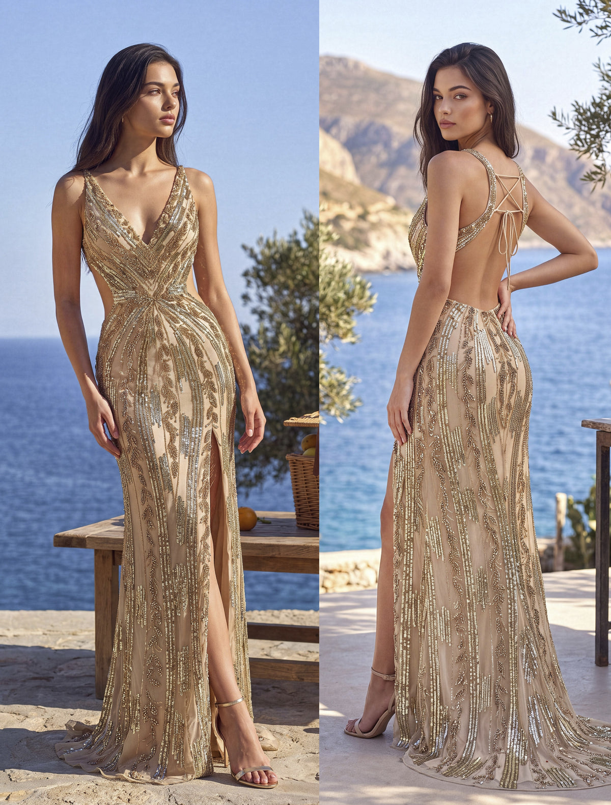 4702 - Primavera - Beaded Plunging V-Neck Gown