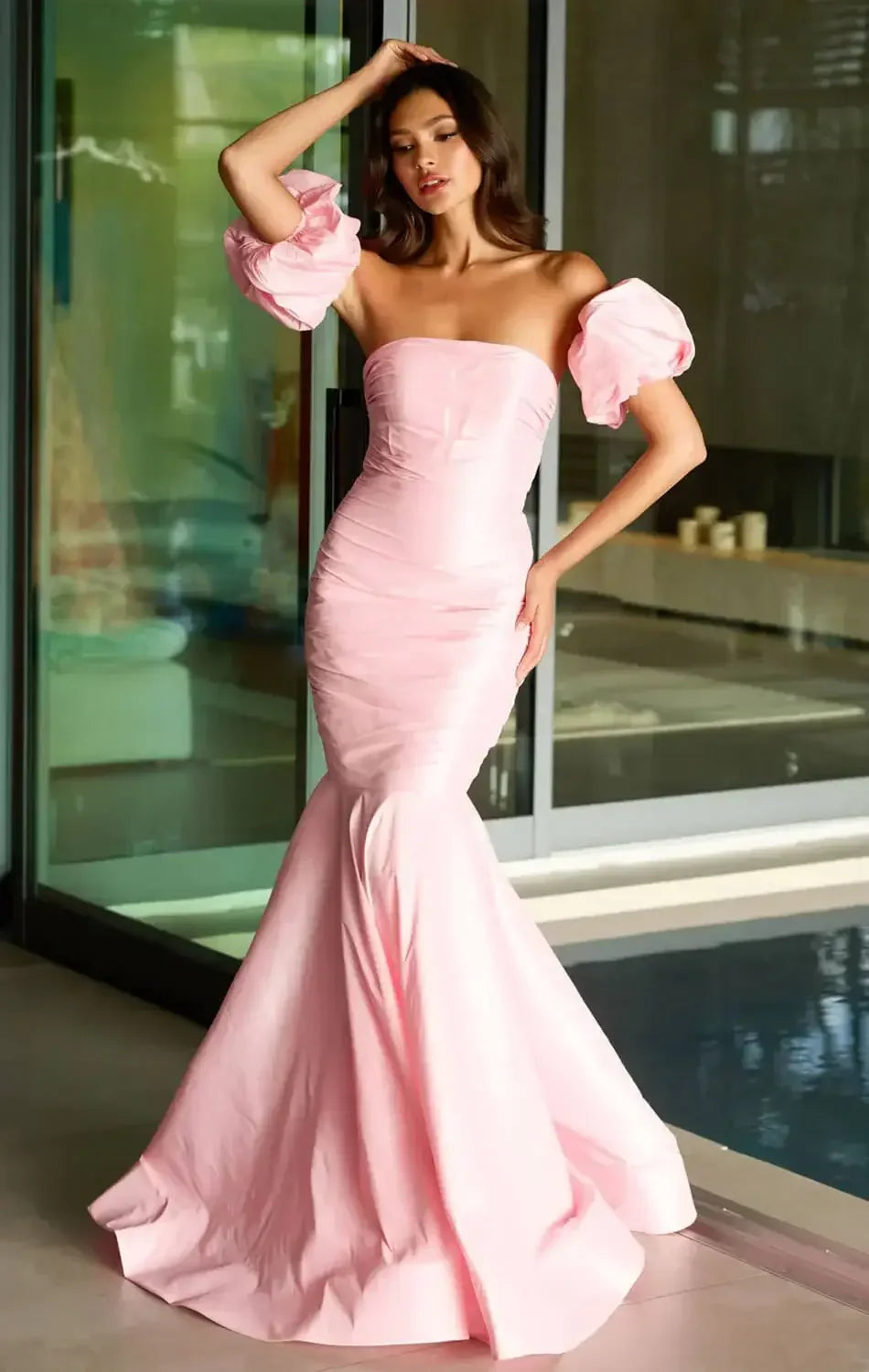 47172 - Ava Presley - Puff Sleeve Mermaid Gown With Bow