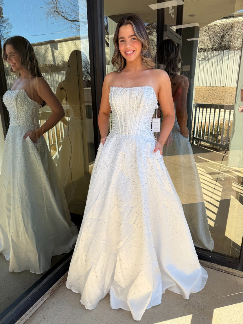 47283 - Ava Presley - Mikado A-line Corset Dress with Pearls