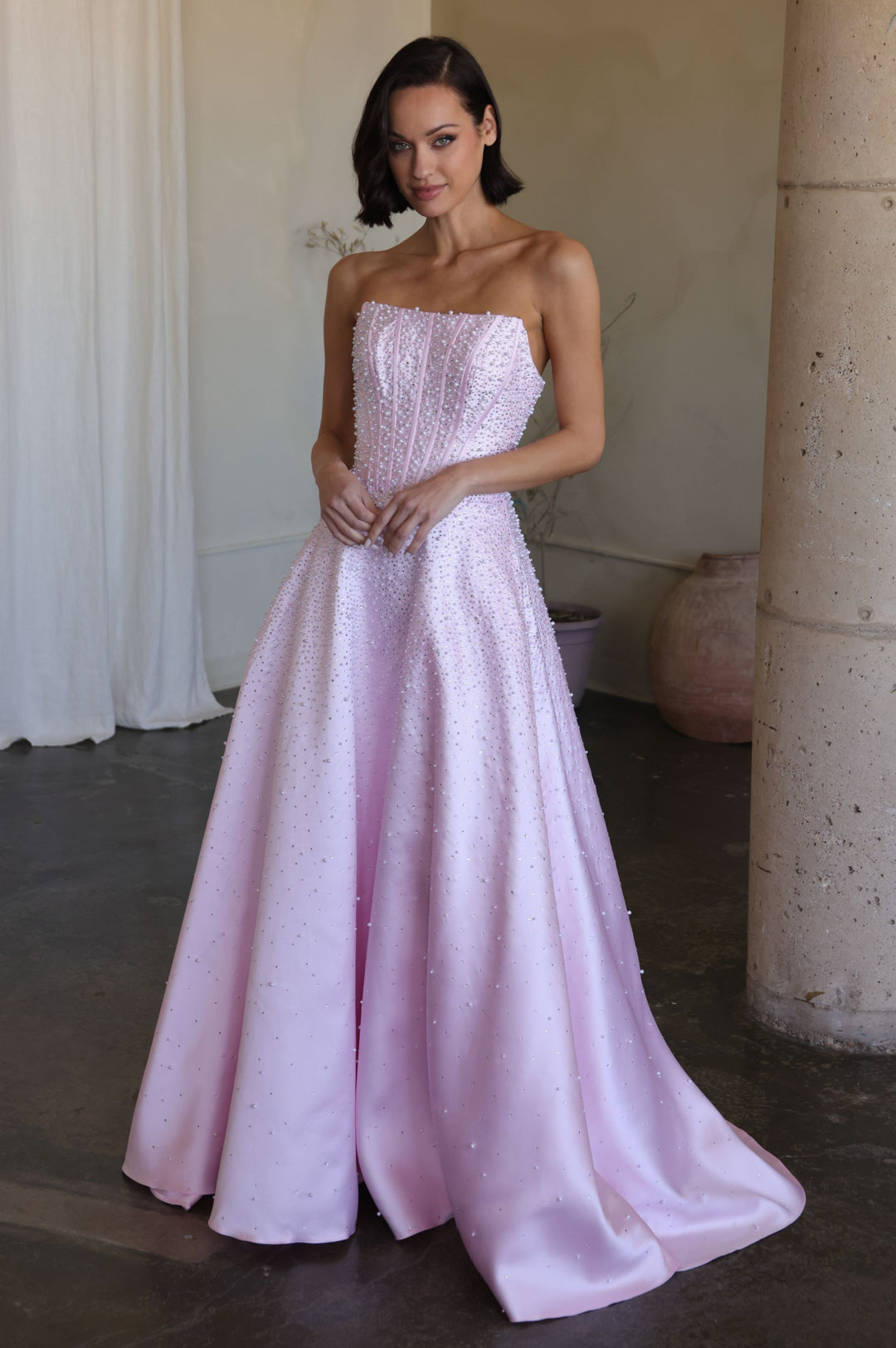 47283 - Ava Presley - Mikado A-line Corset Dress with Pearls